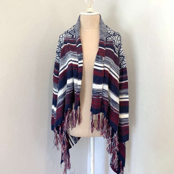 Navy and Burgundy Boho Fringe Sweater - Picture 1 of 5